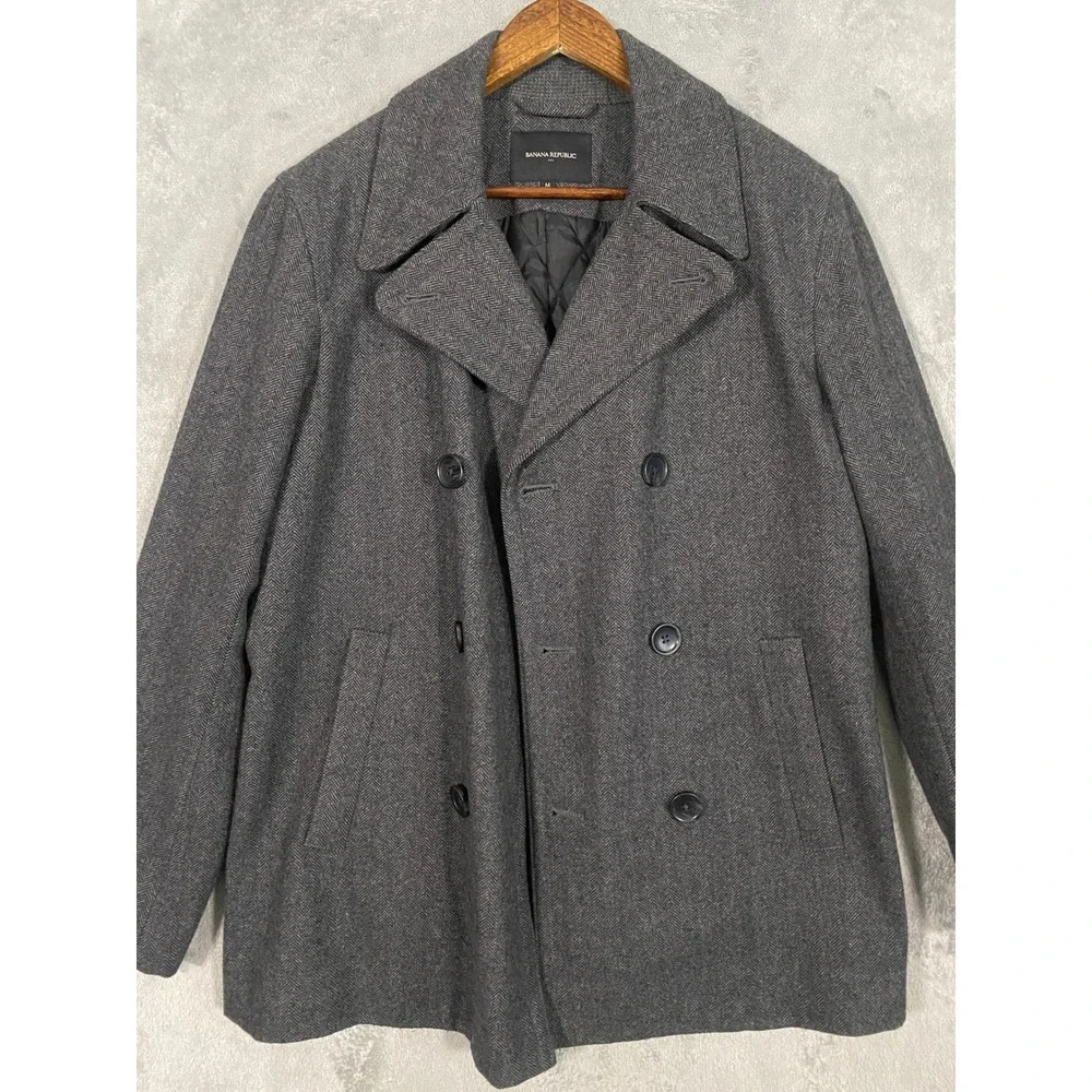 Banana Republic Peacoat Sz M Grey Wool Blend Herringbone Double Breasted Preppy